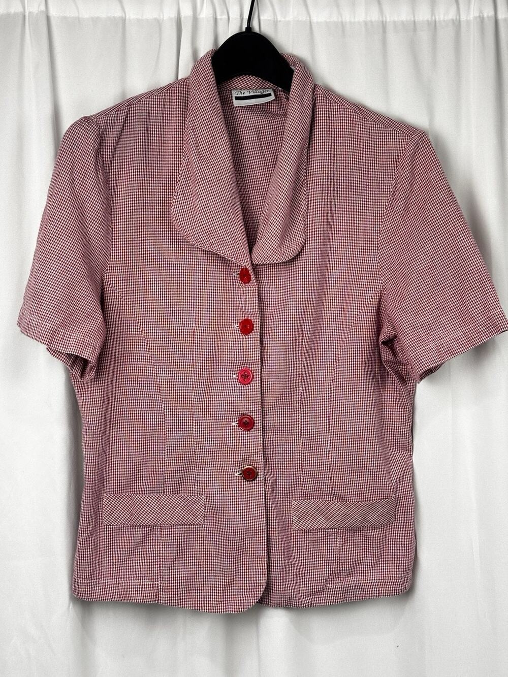 Vintage The Villager Red Gingham Button Up Top Short Sleeve size 12